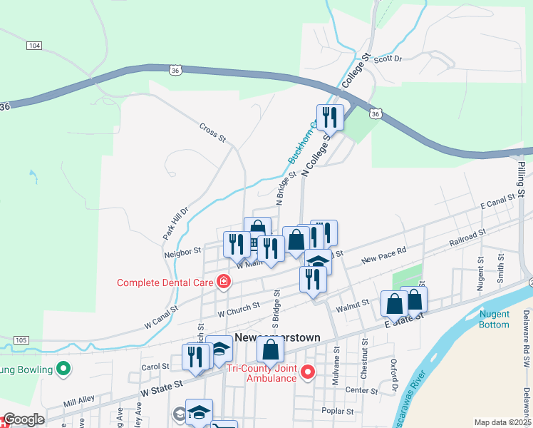 map of restaurants, bars, coffee shops, grocery stores, and more near 334 North Bridge Street in Newcomerstown