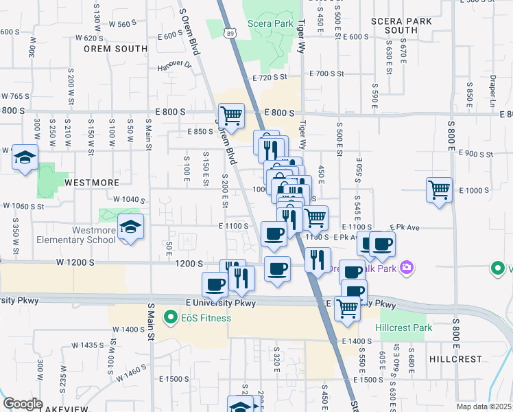 map of restaurants, bars, coffee shops, grocery stores, and more near 1045 Orem Boulevard in Orem