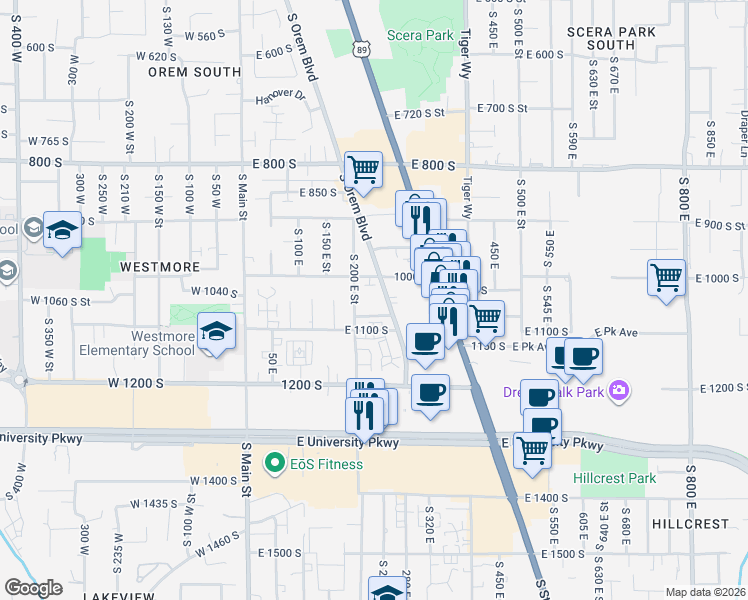 map of restaurants, bars, coffee shops, grocery stores, and more near 1030 South Orem Boulevard in Orem