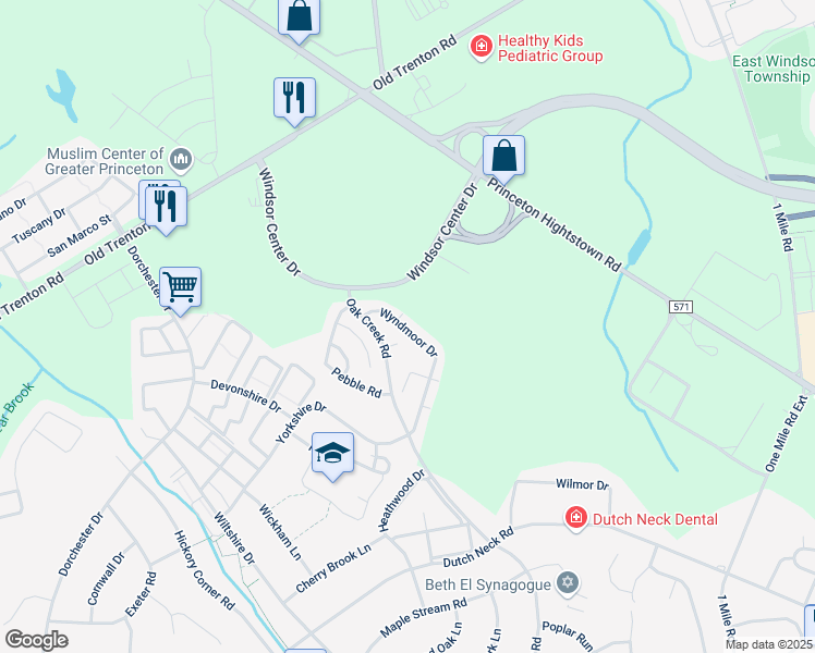map of restaurants, bars, coffee shops, grocery stores, and more near 59 Wyndmoor Drive in East Windsor