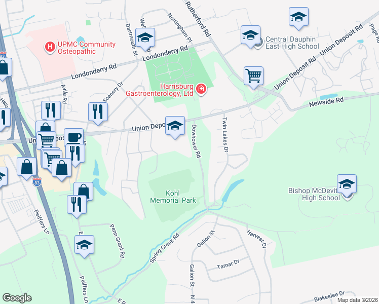 map of restaurants, bars, coffee shops, grocery stores, and more near 1149 Pleasant Drive in Harrisburg