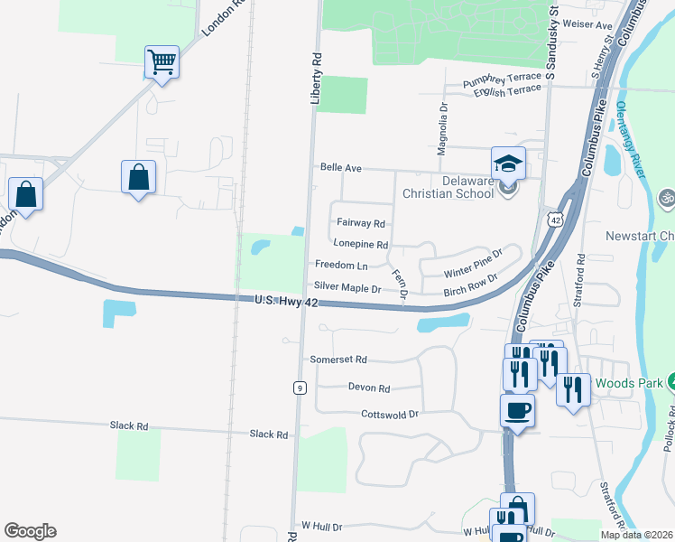 map of restaurants, bars, coffee shops, grocery stores, and more near 261 Freedom Lane in Delaware