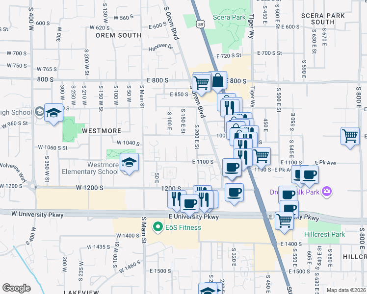 map of restaurants, bars, coffee shops, grocery stores, and more near 1052 Virginia Circle in Orem