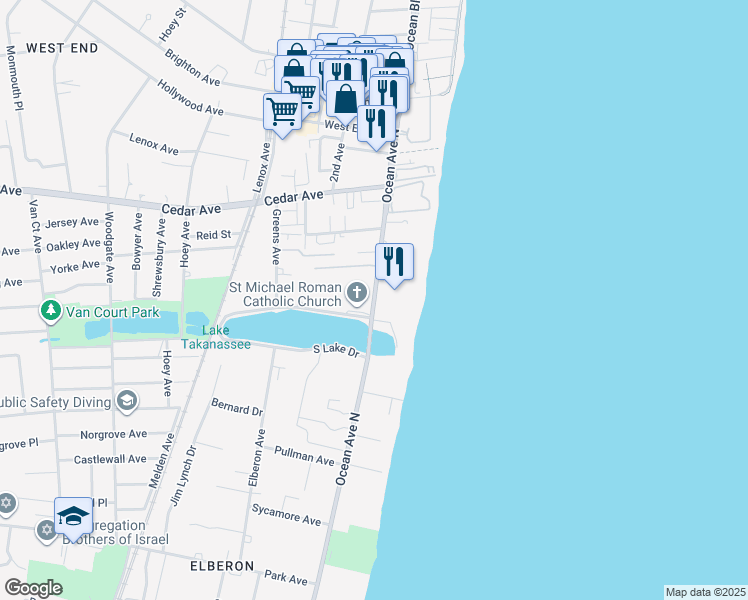 map of restaurants, bars, coffee shops, grocery stores, and more near 800 Ocean Avenue in Long Branch