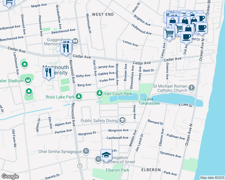 map of restaurants, bars, coffee shops, grocery stores, and more near 287 Lake Avenue in Long Branch