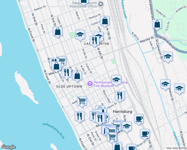 map of restaurants, bars, coffee shops, grocery stores, and more near 1915 Fulton Street in Harrisburg