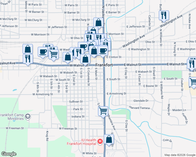 map of restaurants, bars, coffee shops, grocery stores, and more near 358 S Jackson St in Frankfort
