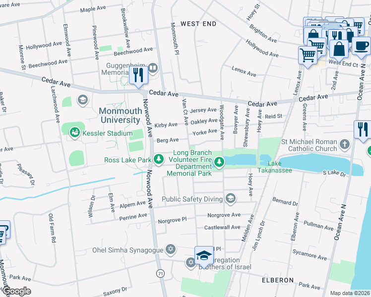map of restaurants, bars, coffee shops, grocery stores, and more near 1 Clarence Avenue in Long Branch
