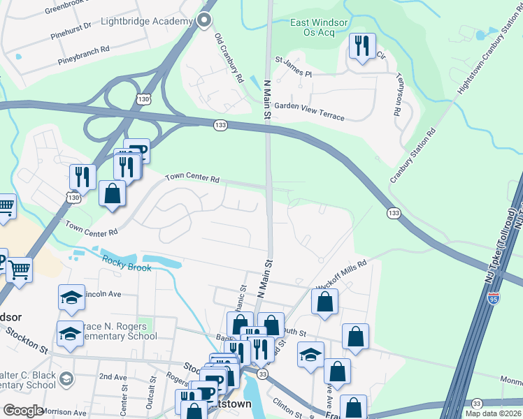 map of restaurants, bars, coffee shops, grocery stores, and more near 24 Quarry Court in East Windsor