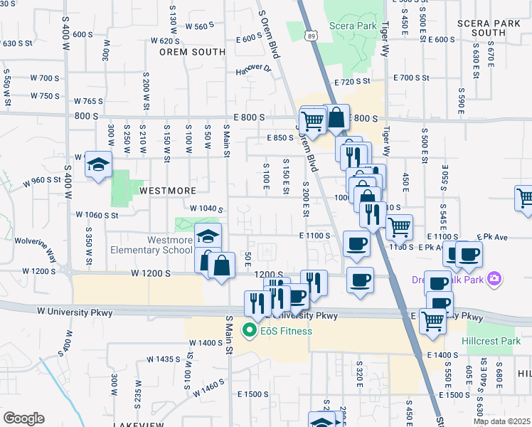 map of restaurants, bars, coffee shops, grocery stores, and more near 1055 South 80 East in Orem