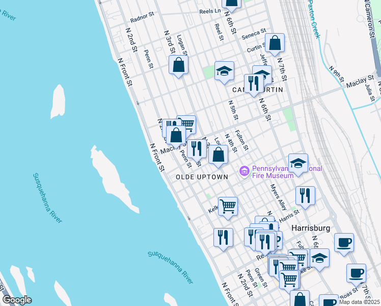 map of restaurants, bars, coffee shops, grocery stores, and more near 2034 Green Street in Harrisburg