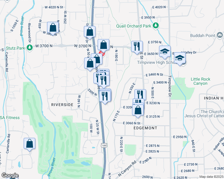 map of restaurants, bars, coffee shops, grocery stores, and more near 3352 North 100 East Street in Provo