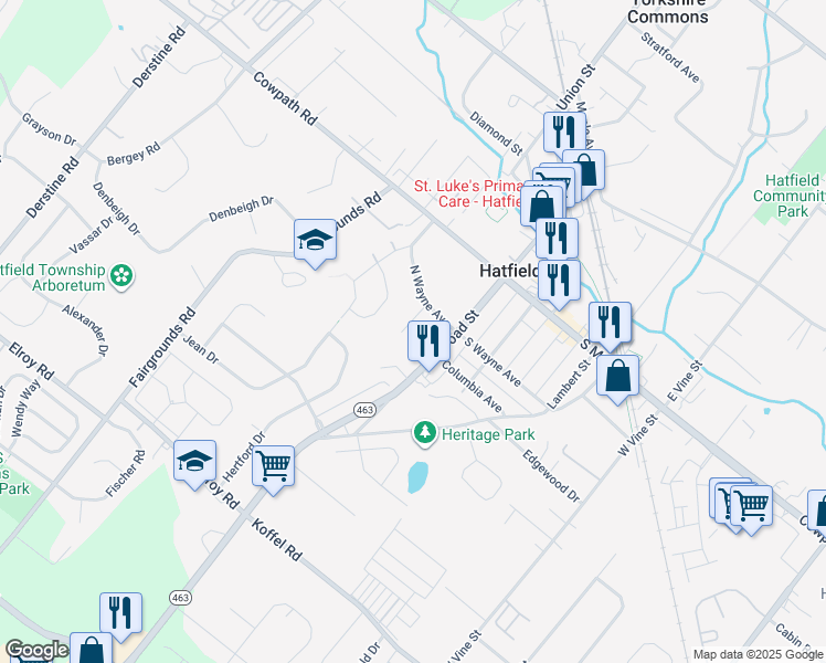 map of restaurants, bars, coffee shops, grocery stores, and more near 44 June Drive in Hatfield