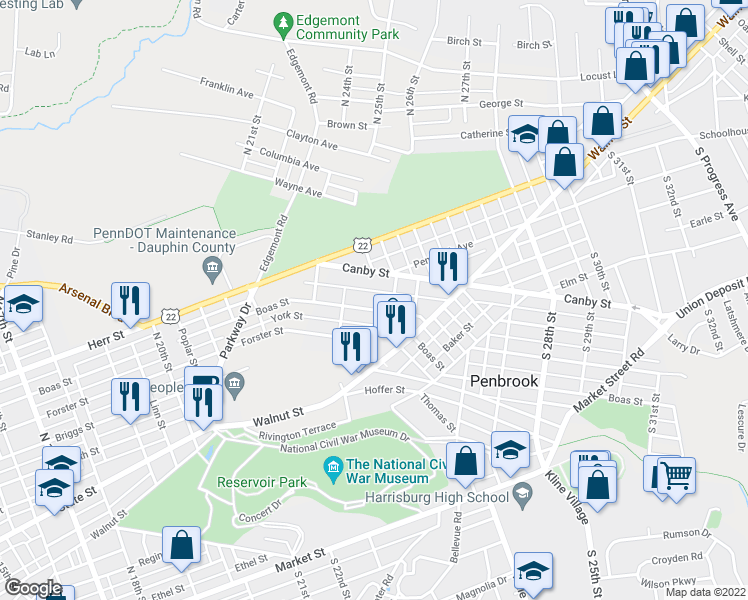 map of restaurants, bars, coffee shops, grocery stores, and more near 2334 Boas Street in Harrisburg