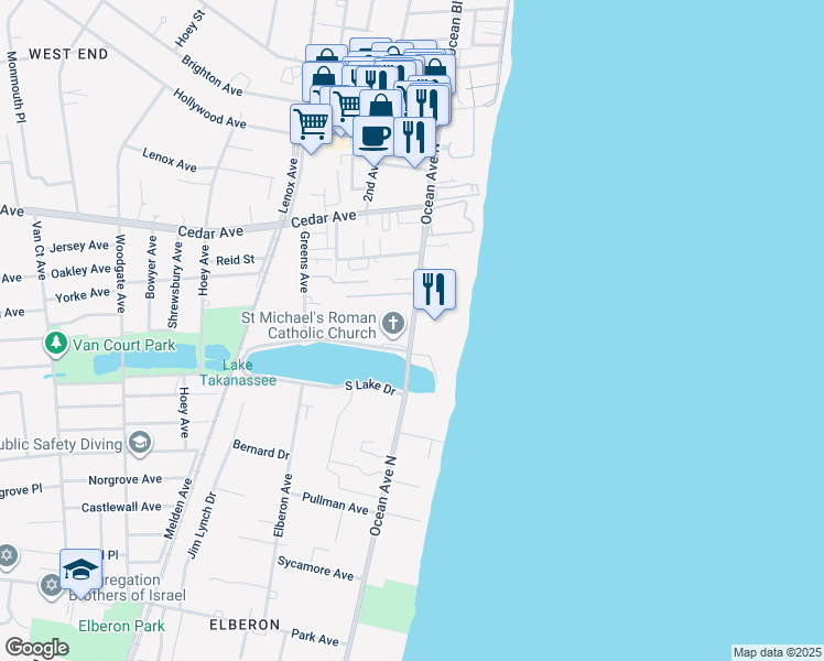 map of restaurants, bars, coffee shops, grocery stores, and more near 787 Ocean Avenue in Long Branch