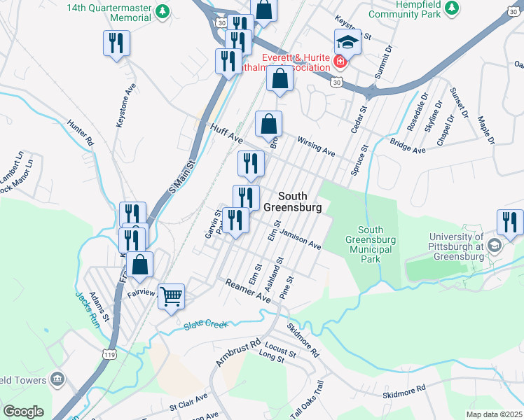 map of restaurants, bars, coffee shops, grocery stores, and more near 1428 Poplar Street in Greensburg