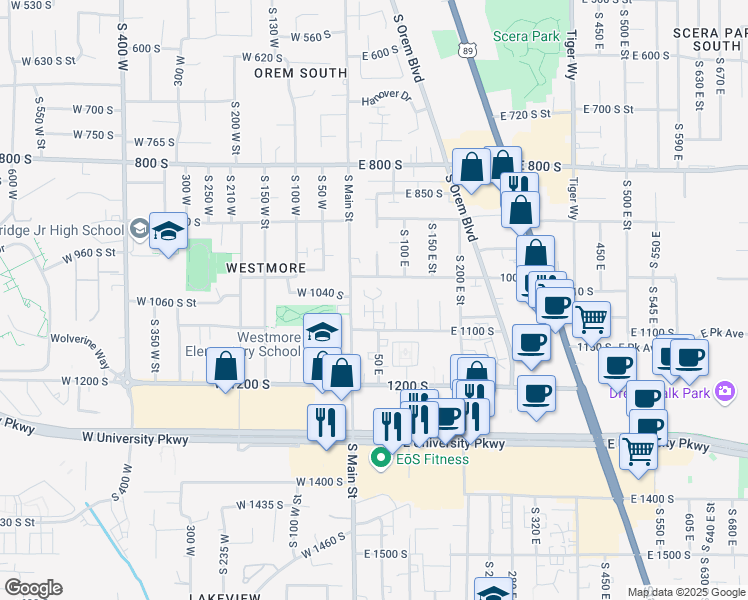 map of restaurants, bars, coffee shops, grocery stores, and more near Ellen Circle in Orem