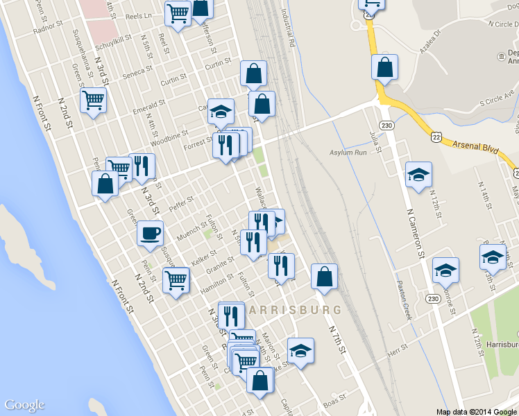 map of restaurants, bars, coffee shops, grocery stores, and more near 616 Dauphin Street in Harrisburg