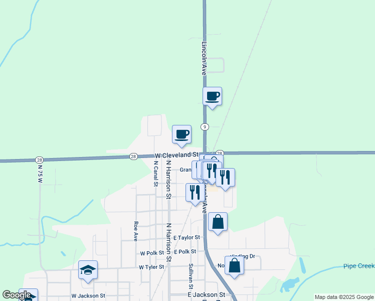 map of restaurants, bars, coffee shops, grocery stores, and more near 112 Indiana 28 in Alexandria