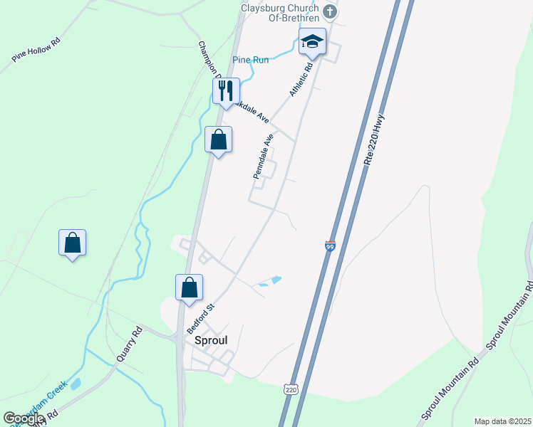 map of restaurants, bars, coffee shops, grocery stores, and more near 280 Bedford St in Claysburg