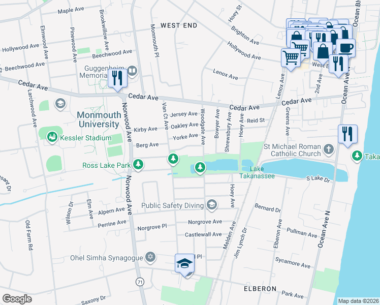 map of restaurants, bars, coffee shops, grocery stores, and more near 287 Lake Avenue in Long Branch