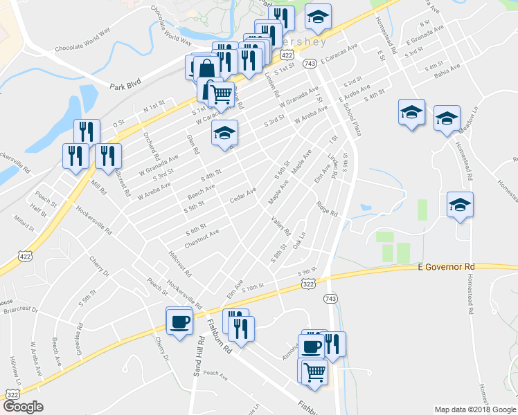 map of restaurants, bars, coffee shops, grocery stores, and more near 303 Maple Avenue in Hershey