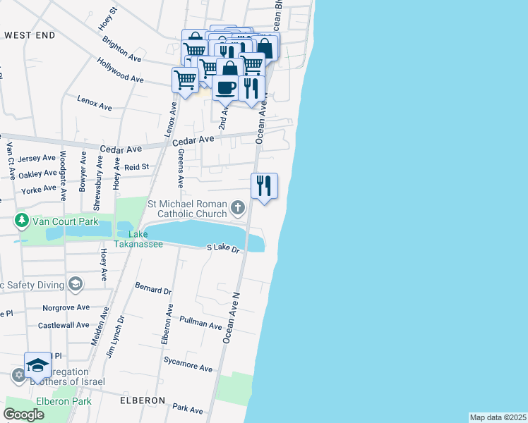 map of restaurants, bars, coffee shops, grocery stores, and more near 787 Ocean Avenue in Long Branch
