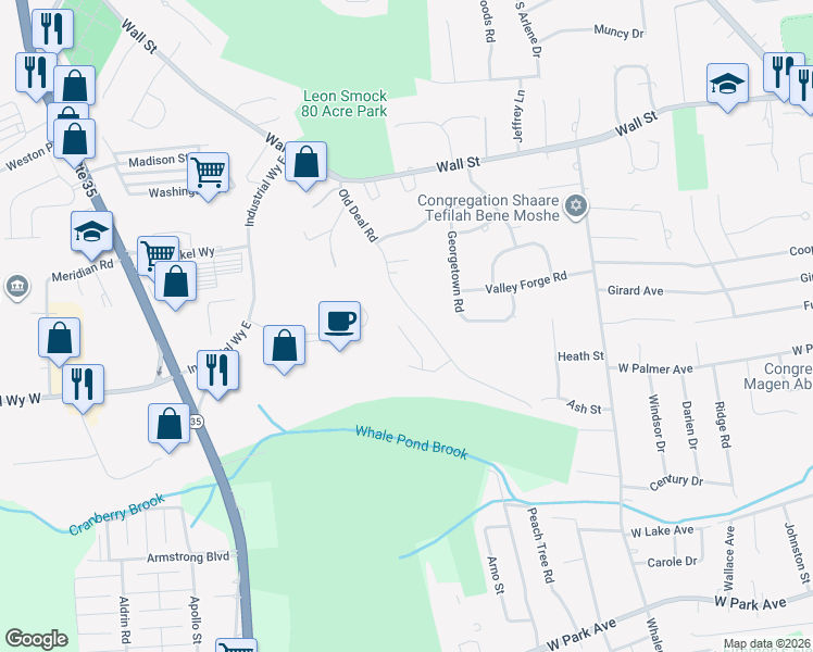 map of restaurants, bars, coffee shops, grocery stores, and more near 354 Old Deal Road in Eatontown