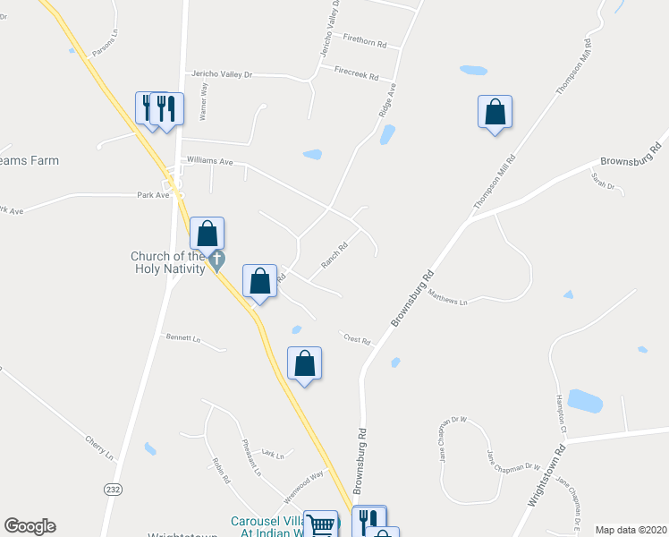 map of restaurants, bars, coffee shops, grocery stores, and more near 143 Ranch Road in Newtown
