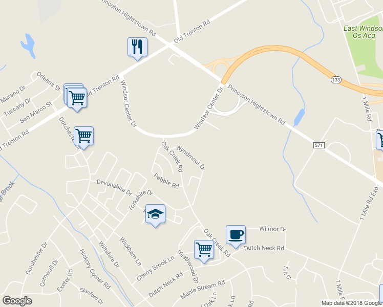 map of restaurants, bars, coffee shops, grocery stores, and more near 59 Wyndmoor Dr in East Windsor