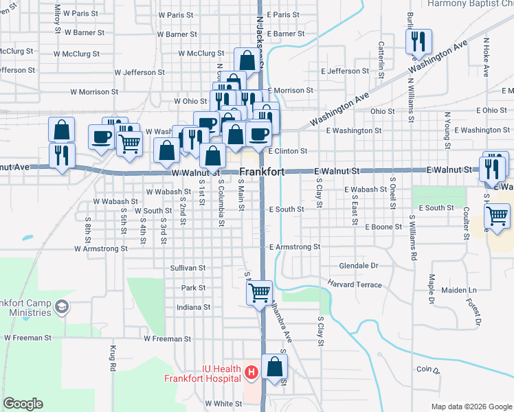 map of restaurants, bars, coffee shops, grocery stores, and more near 358 South Jackson Street in Frankfort