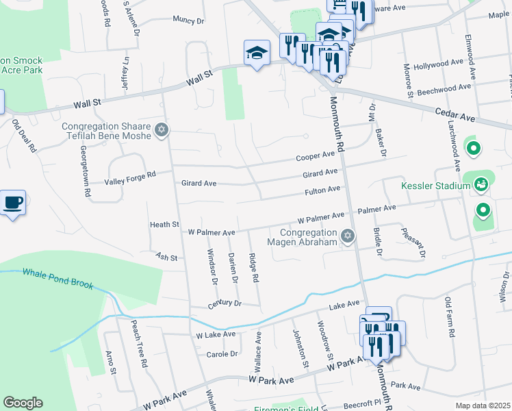 map of restaurants, bars, coffee shops, grocery stores, and more near 64 Fulton Avenue in West Long Branch