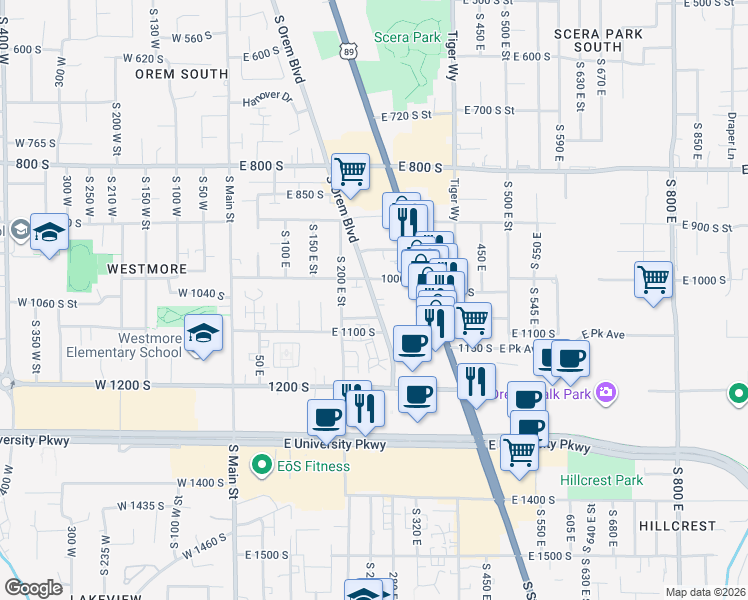 map of restaurants, bars, coffee shops, grocery stores, and more near 1050 South Orem Boulevard in Orem