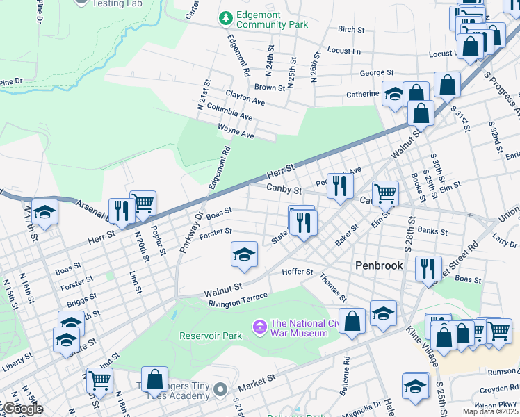 map of restaurants, bars, coffee shops, grocery stores, and more near 2254 Boas Street in Harrisburg
