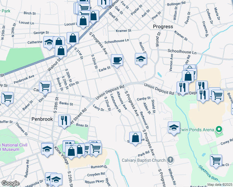 map of restaurants, bars, coffee shops, grocery stores, and more near 405 Altavista Ave in Harrisburg