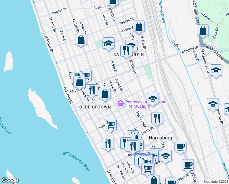 map of restaurants, bars, coffee shops, grocery stores, and more near 343 Peffer Street in Harrisburg