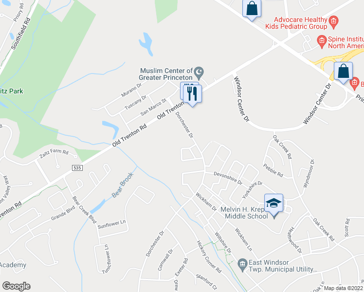 map of restaurants, bars, coffee shops, grocery stores, and more near 105 Princeton Arms N I in East Windsor