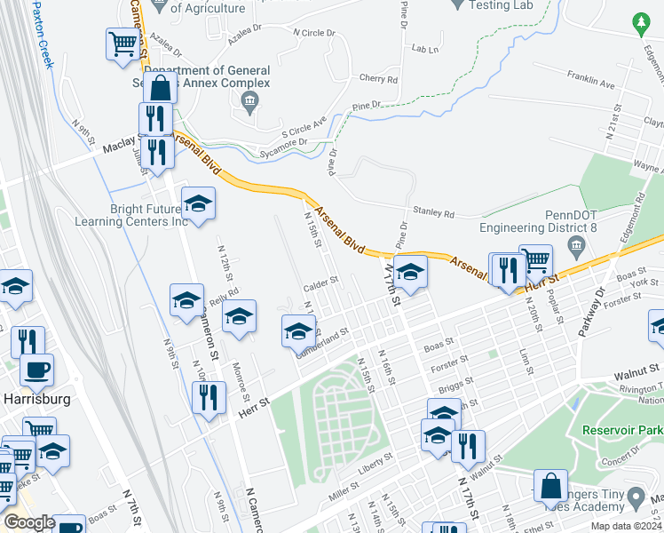 map of restaurants, bars, coffee shops, grocery stores, and more near 1415 North 15th Street in Harrisburg