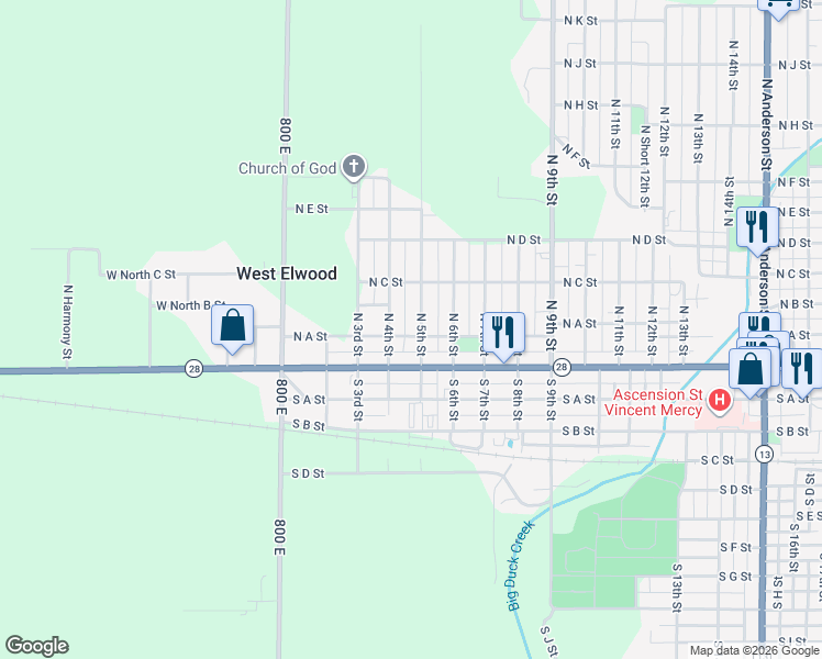 map of restaurants, bars, coffee shops, grocery stores, and more near 200 North 5th Street in Elwood
