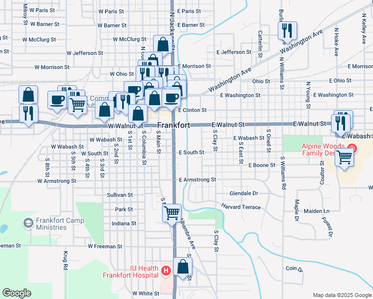 map of restaurants, bars, coffee shops, grocery stores, and more near 258 East South Street in Frankfort