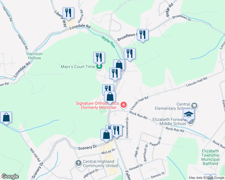 map of restaurants, bars, coffee shops, grocery stores, and more near 312 Scenery Drive in Elizabeth