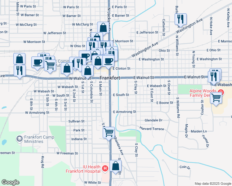 map of restaurants, bars, coffee shops, grocery stores, and more near 258 East South Street in Frankfort