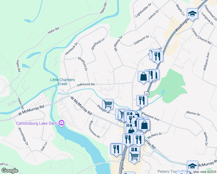 map of restaurants, bars, coffee shops, grocery stores, and more near 97 Alexander Drive in Canonsburg