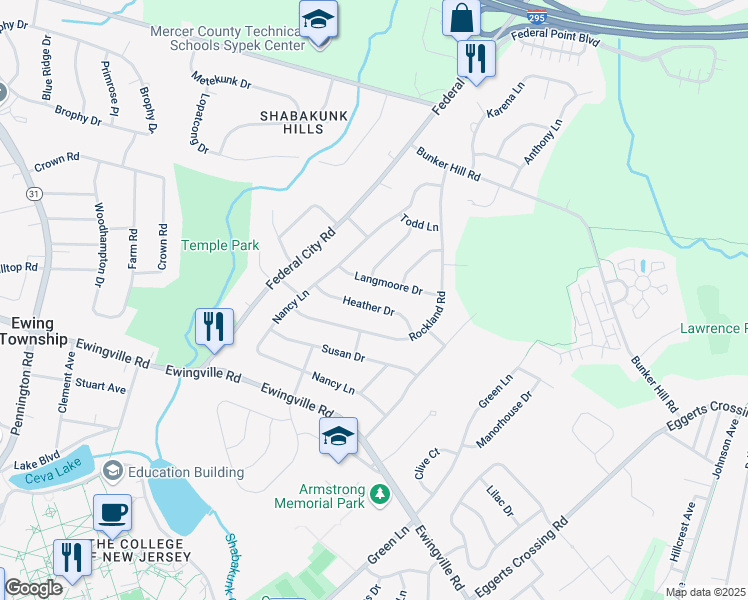 map of restaurants, bars, coffee shops, grocery stores, and more near 16 Heather Drive in Ewing Township