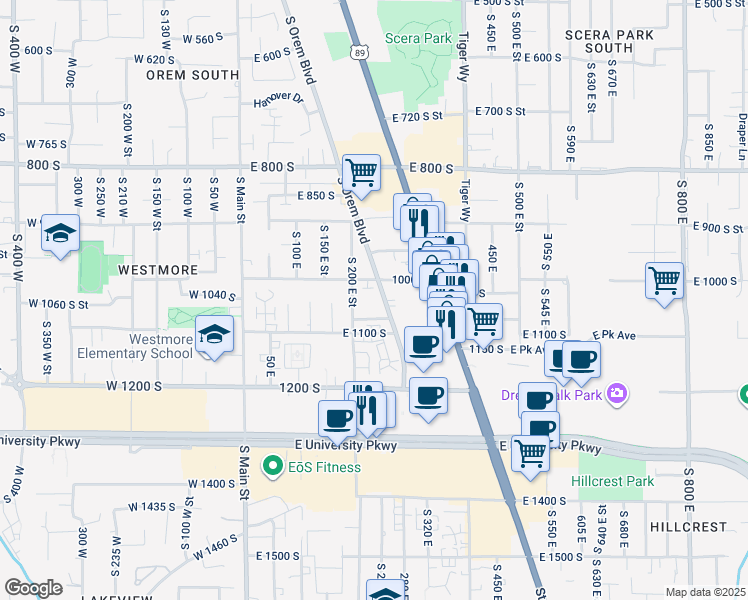 map of restaurants, bars, coffee shops, grocery stores, and more near 1030 South Orem Boulevard in Orem
