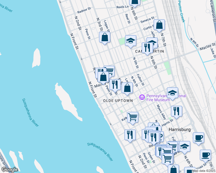 map of restaurants, bars, coffee shops, grocery stores, and more near 2051 Penn Street in Harrisburg