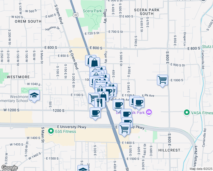 map of restaurants, bars, coffee shops, grocery stores, and more near 400 1010 South in Orem