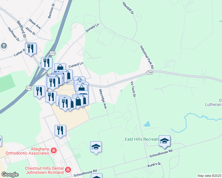 map of restaurants, bars, coffee shops, grocery stores, and more near 100-198 Hoover Avenue in Johnstown