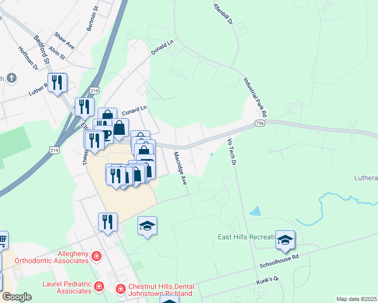 map of restaurants, bars, coffee shops, grocery stores, and more near 100-198 Hoover Avenue in Johnstown