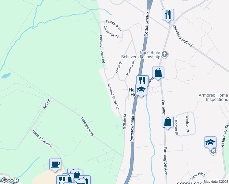 map of restaurants, bars, coffee shops, grocery stores, and more near 1404 Chestnut Grove Road in Pottstown